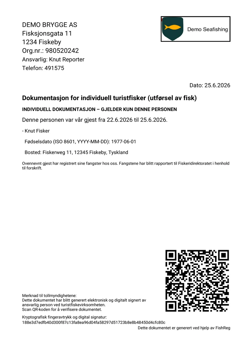 FishReg — eksportdokument med digitalt stempel og QR-kode for tolls verifisering