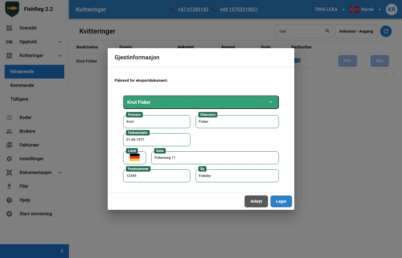 FishReg — visning og redigering av gjestens personopplysninger